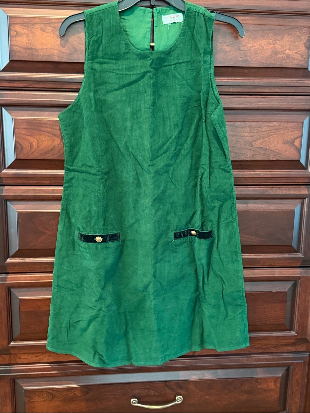 Green Corduroy Sleeveless Shift Dress with Pocket Detail